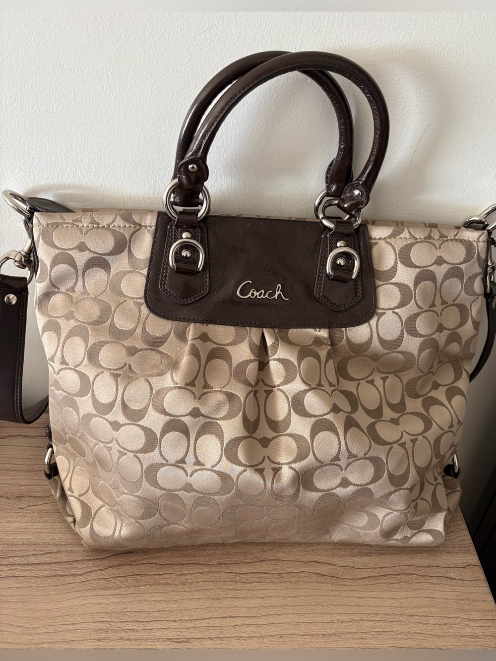 Coach Beige Signature Gallery Tote with Dark Brown Leather Trim